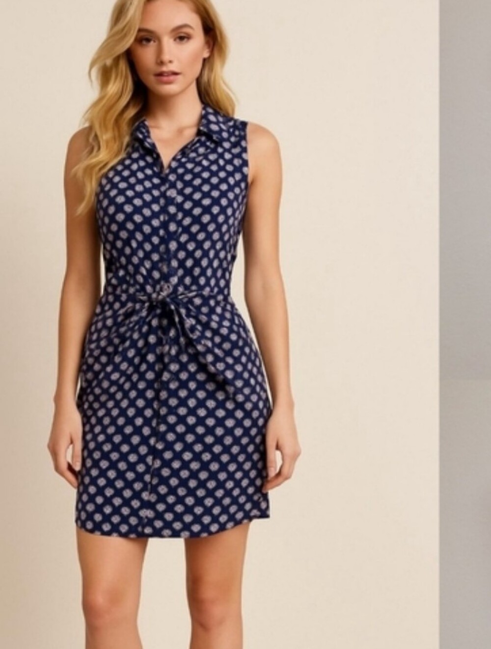 Michael Kors Navy and White IKAT Sleeveless Printed Shirt Dress with Tie Waist